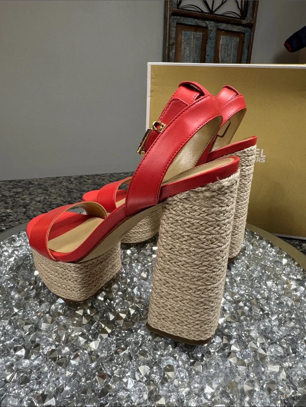 Michael Kors leather coral Red Platform Espadrille Heels with Gold Buckle logo